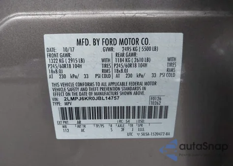 2018 Lincoln Mkx Select из США, поврежденный, VIN 2LMPJ6KR0JBL14757